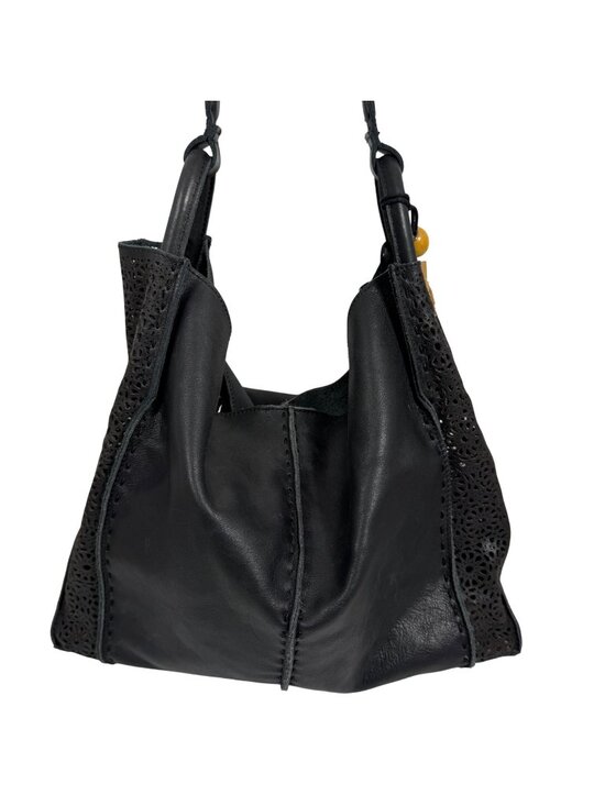 The Sak Handbags - The Sak Los Feliz Slouchy Boho Tote Black Leather Moroccan Lasercut + Tassels